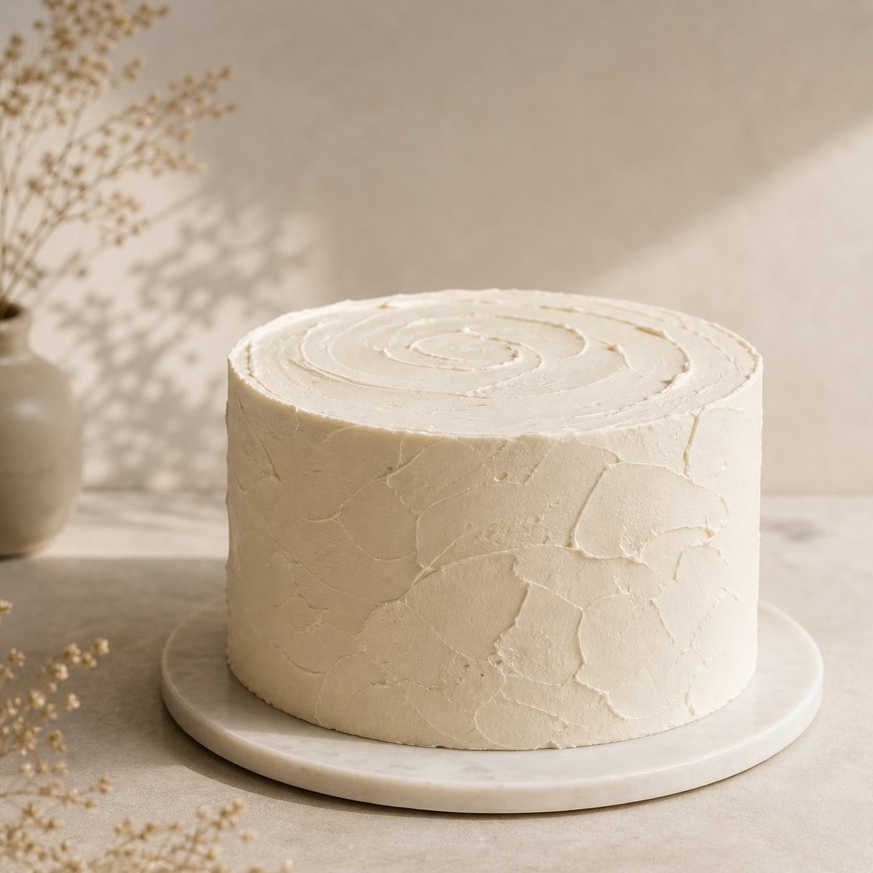 Bolo Casa Clo — cilindro creme com textura orgânica e espiral no topo