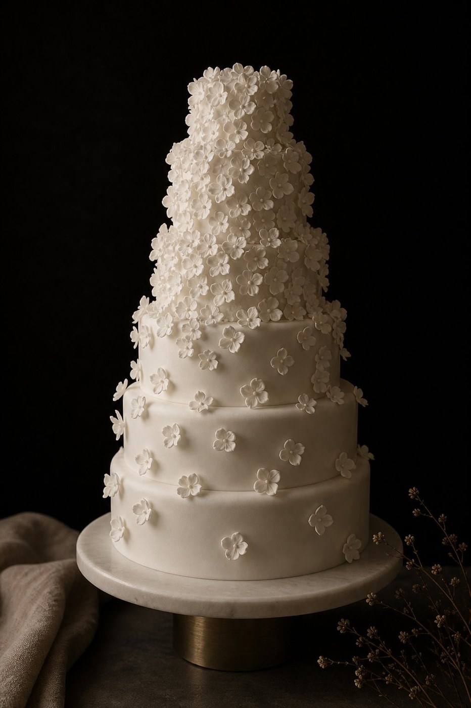 Bolo de Casamento de quatro andares com cascata densa de flores brancas