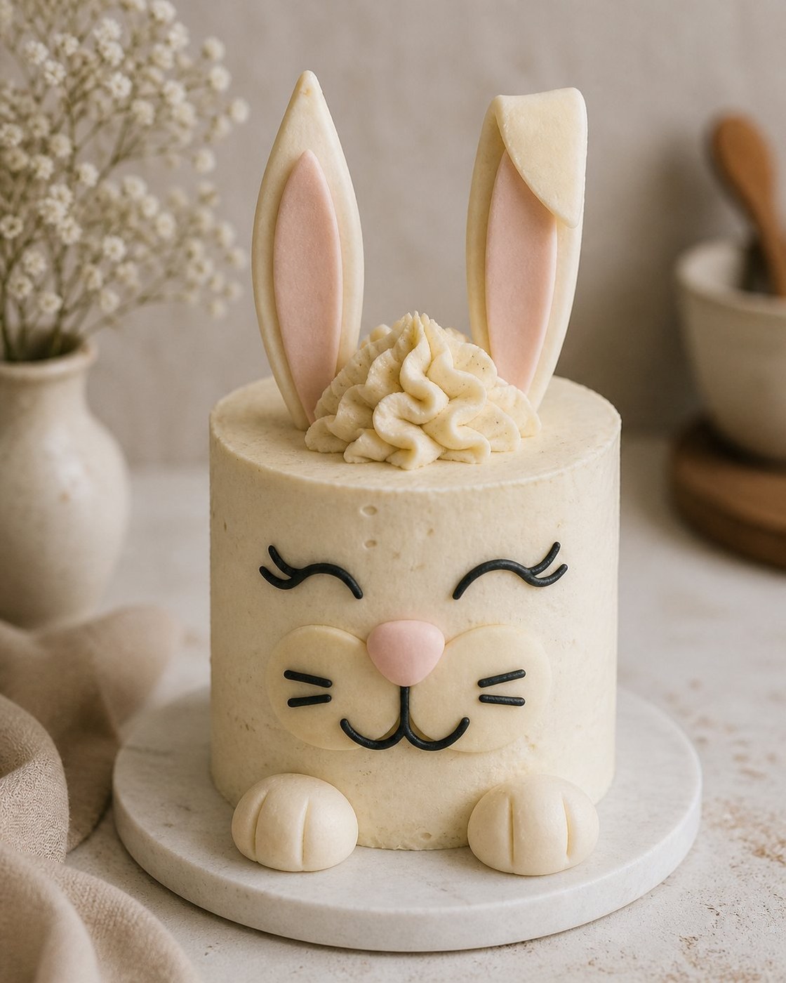 Bolo Coelho — orelhas longas em fondant e focinho rosa