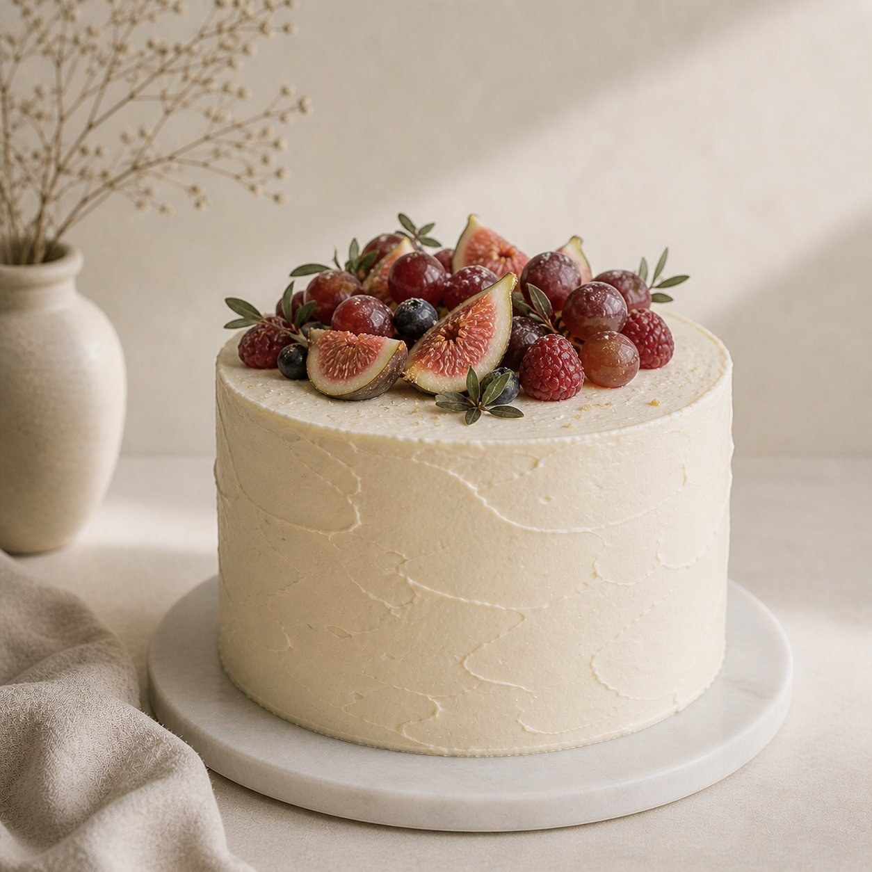 Bolo Creme & Fruta com figos, uvas, framboesas e mirtilos