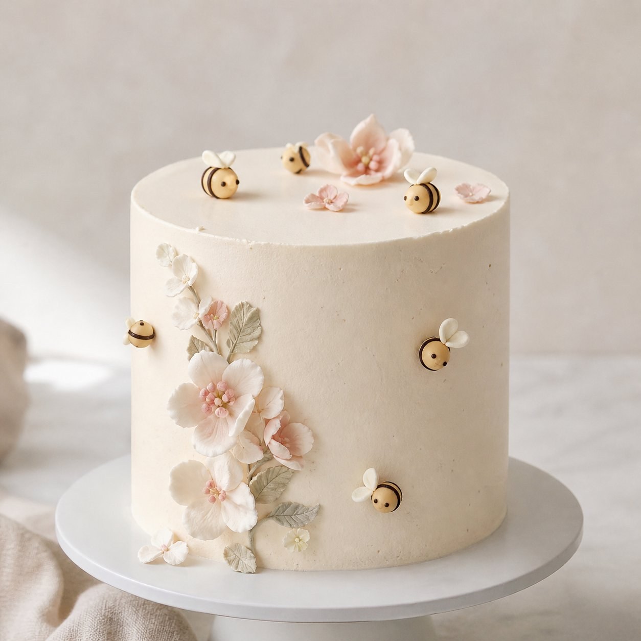 Bolo Floral Suave — flores cor-de-rosa pálido em cascata, com abelhas em chocolate