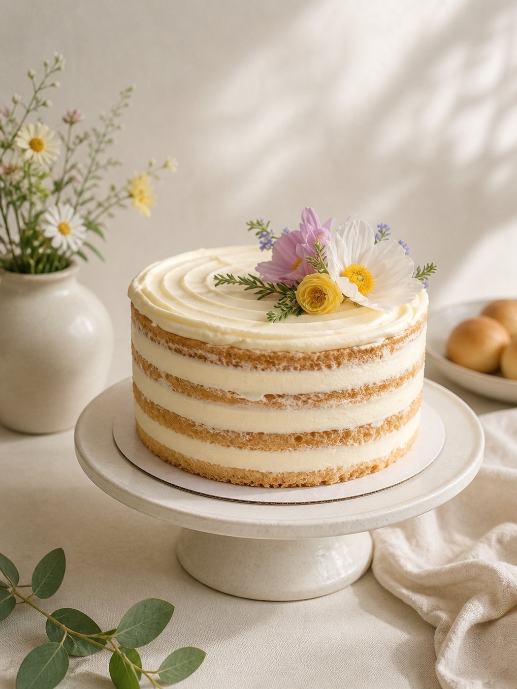 Bolo Natural — naked cake com flores comestíveis e folhagem