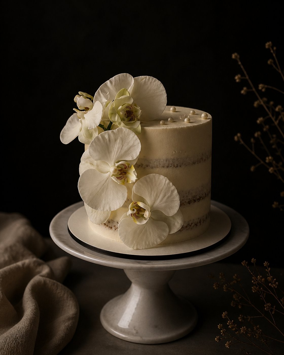 Bolo Orquídea — naked cake com orquídeas frescas e pérolas