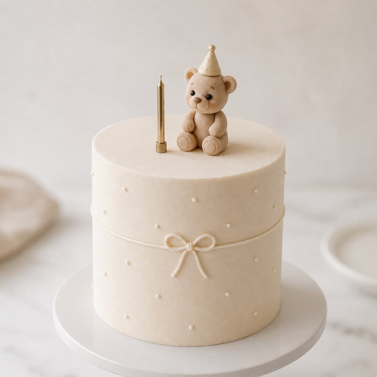 Bolo Ursinho Clo — base creme com topper de urso pequeno, vela fina e laço discreto