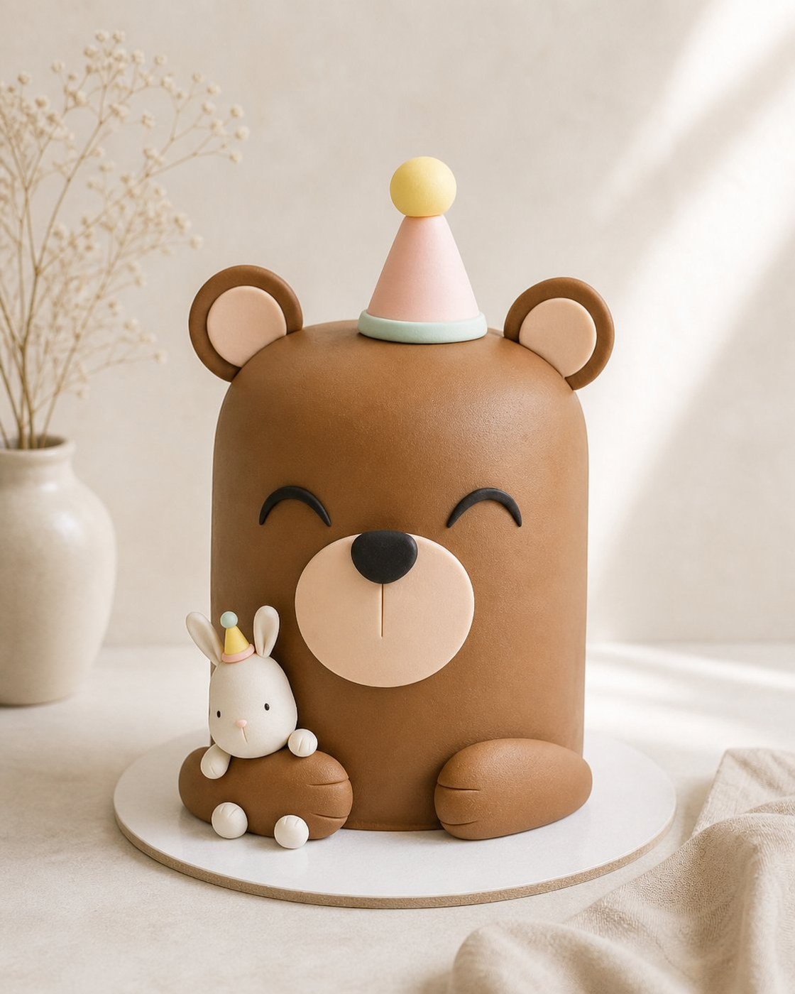 Bolo Ursinho Festa — urso esculpido em fondant com coelho e chapéu de festa