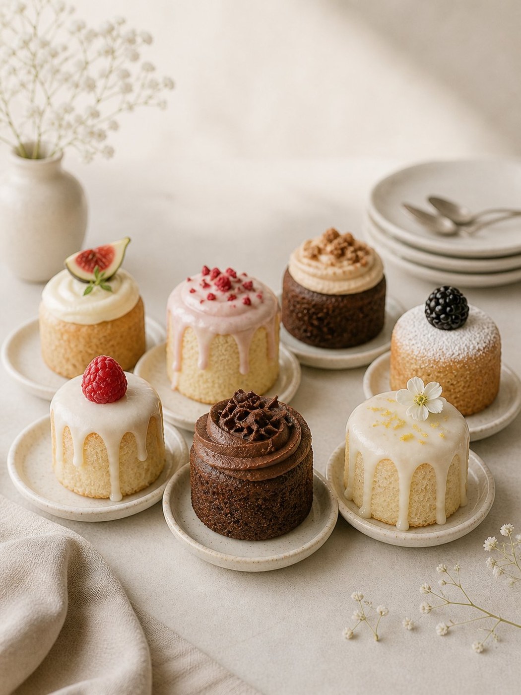 Mini Bolos individuais — variedade com fruta, chocolate, flor e raspas